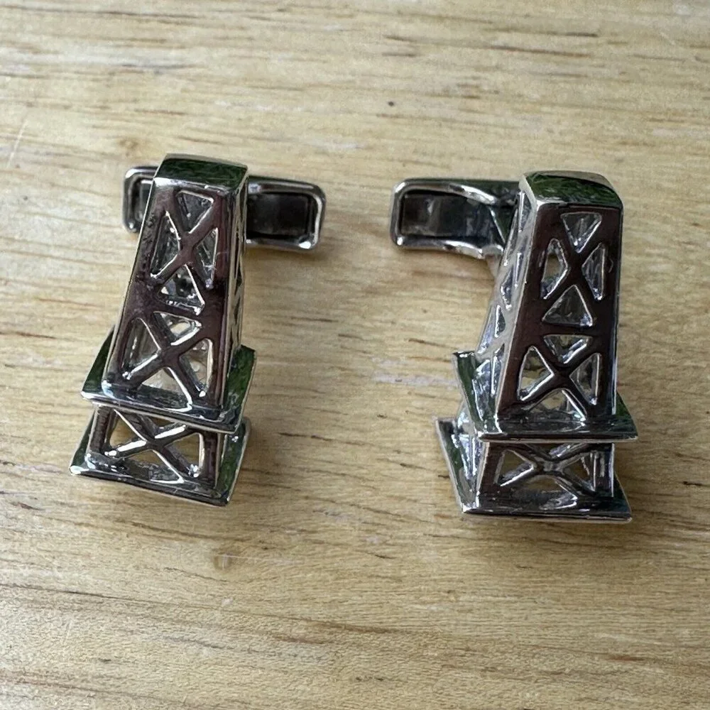 Ravi Ratan Signed Oil Drilling Rig Cufflinks 1 Inch Energy Sterling‎ 16.1 Grams